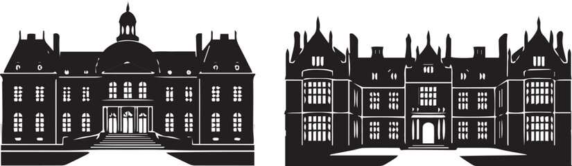 Fototapeta premium Historic mansion and palace silhouette illustration set with dome, gables, chimneys, symmetrical architecture, classical estate building design