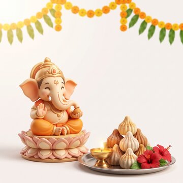 Cute 3D Ganesha idol with sweet modak thali ceremonial diya and marigold for Ganesh Chaturthi