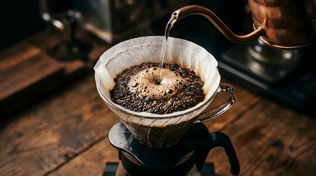 Hot water pouring from a kettle into a pour over coffee dripper