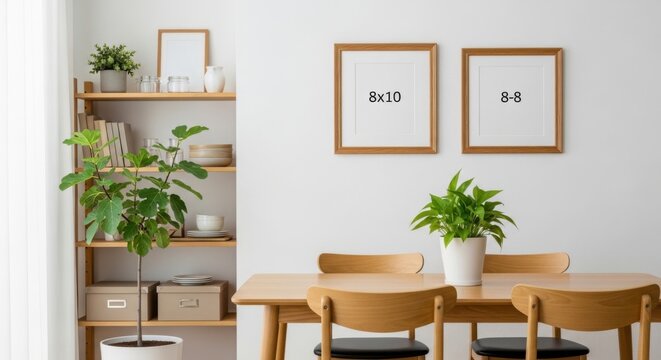 Modern dining room with frames and wooden furniture isolated on white background