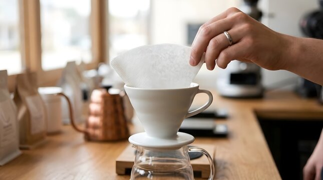 Barista placing paper filter in dripper for pour over coffee brewing