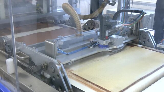 Food industry, wafer production line of modern sweet candy bakery factory. Waffle on conveyor at manufactory. pouring wafer sheets with a thin layer of chocolate on the conveyor of a confectionery fac