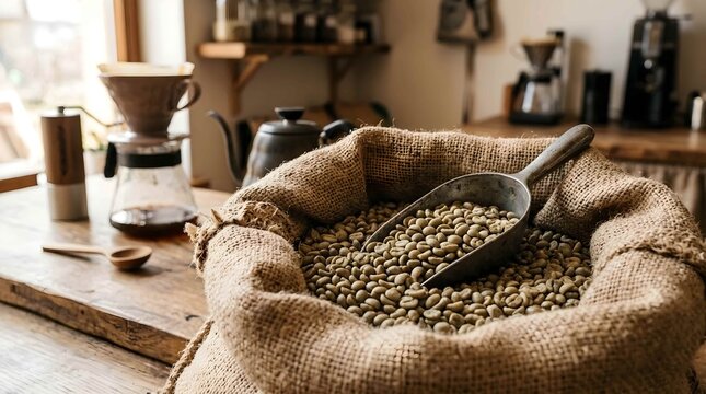Raw green coffee beans in a burlap sack with a metal scoop