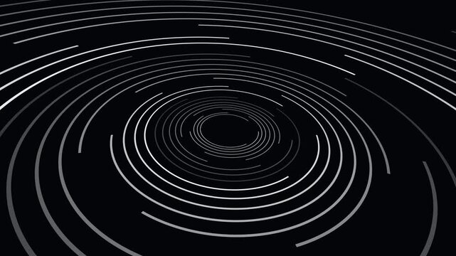 Abstract concentric circles motion background, rotating white lines on black, minimalist digital technology loop, modern for presentations and broadcast media