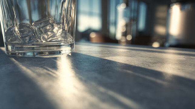 A glass tumbler viewed from a low angle on a stainless steel kitchen counter, exaggerated perspective, soft sunlight hitting the glass edge