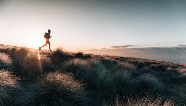 Lone trail runner in profile mid stride on grassy hill at sunset
