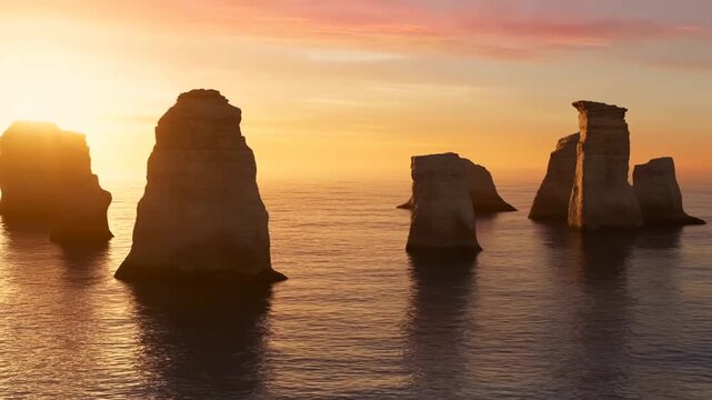 Aerial slow motion pan of limestone sea stacks standing in calm ocean at sunset along rugged coastline