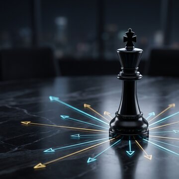 Obsidian chess king piece with holographic tactical vector arrows on dark marble surface