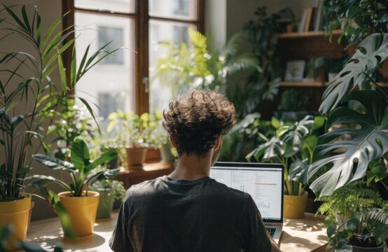 Man working on laptop surrounded by lush green plants