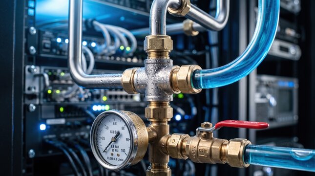 Close-up of a red-handled brass shut-off valve and pressure gauge showing flow rate on a liquid cooling line inside a server room.