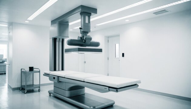 Medical imaging room with examination table and overhead equipment