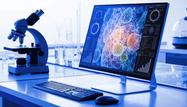 Microscope and computer displaying cellular research in a laboratory