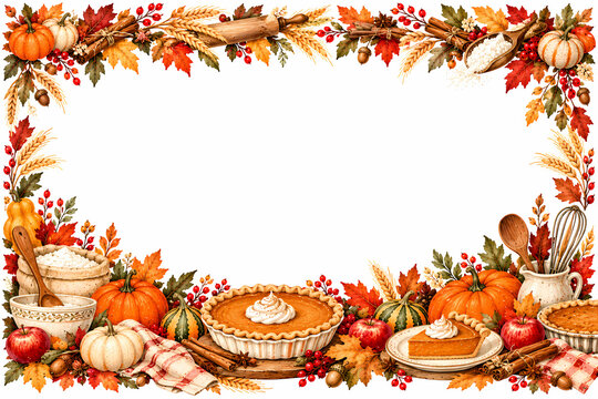Autumn harvest border with watercolor pumpkins, fall leaves, wheat stalks, and delicious homemade pie for thanksgiving design background