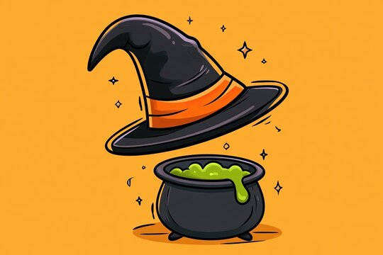 Crooked black witch hat hovering above a bubbling cauldron with green potion and sparkling accents in a playful Halloween illustration on orange background