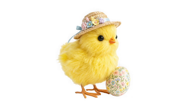 Cute fluffy yellow easter chick wearing a straw hat with flowers, standing next to a floral patterned easter egg isolated on transparent background