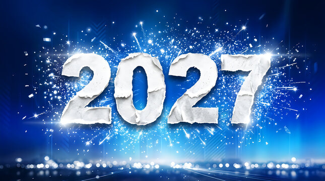 Festive new year 2027 celebration with sparkling lights and a dynamic blue background