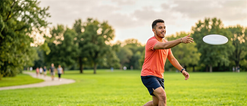 Young Latino man throwing a white flying disc on a green park lawn. Active man playing frisbee outdoors in the sunlight