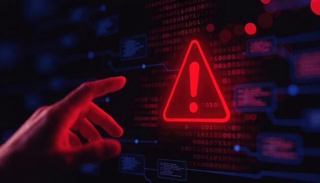 Red warning sign with exclamation mark on digital screen, hand reaching