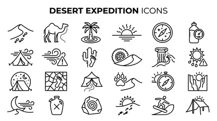 Fototapeta premium A collection of black line vector icons representing desert expedition themes including camping, adventure, navigation, heat, and nature. Ideal for travel blogs, maps, or UI projects.