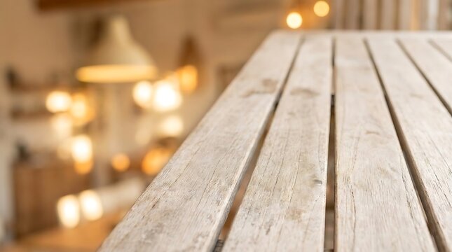 Close up of an empty weathered wooden table surface in a blurred restaurant interior