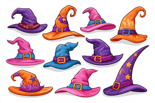 Collection of colorful fantasy witch hats with pointed tops, buckles, stars, and playful illustrated details arranged on a white background, whimsical Halloween themed illustration