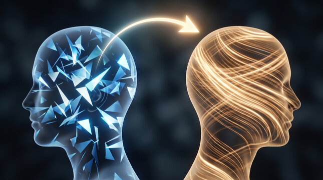 Abstract conceptual illustration showing mental shift and knowledge transfer between two glowing human heads with digital networking lines