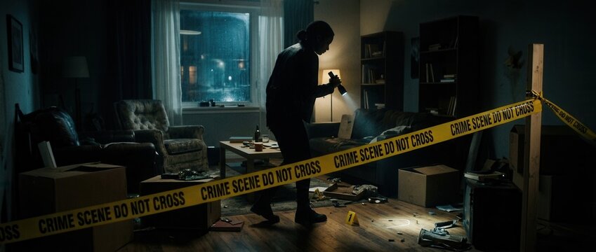 Detective Investigating Messy Crime Scene with Forensic Evidence and Yellow Tape
