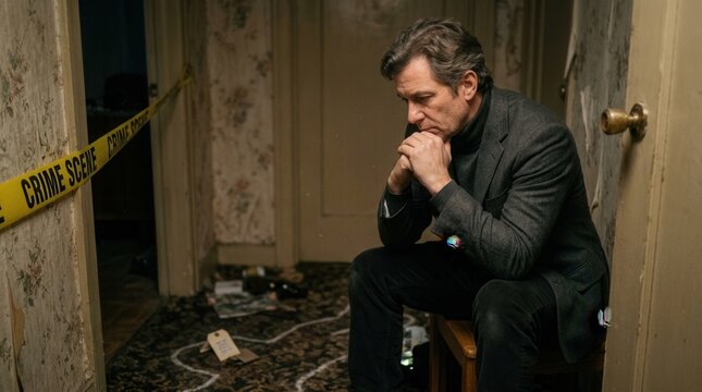 Detective Pensive at Crime Scene with Yellow Tape and Chalk Outline