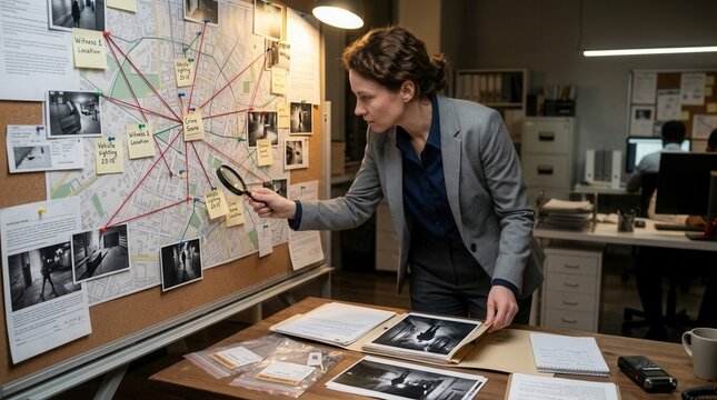 Detective woman examining crime scene photos and string connected evidence board in dimly lit office investigation concept