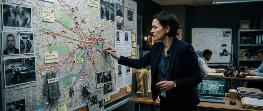 Detective studying crime scene map with photos and notes planning investigation in office