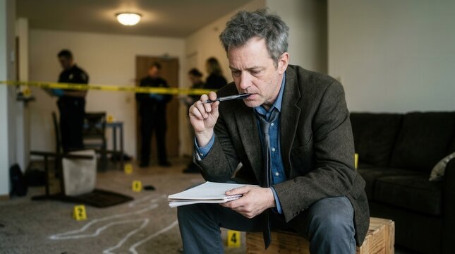 Detective Investigating Crime Scene Pensive Man in Suit Sitting on Crate with Notebook and Pen Police Tape and Evidence Markers in Background