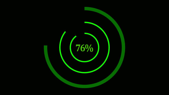 A circular loading progress indicator featuring three concentric green rings, displaying 76 percent completion in the center, set against a solid black background, for software and, web applications