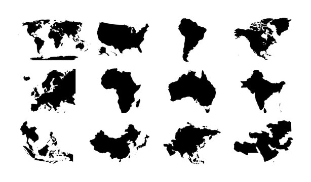 World map vector silhouettes set, 12 black continent icons, global geography graphics