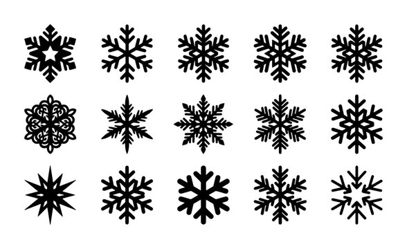 Snowflake vector icon set, black winter snow flakes silhouette collection, holiday graphic icons
