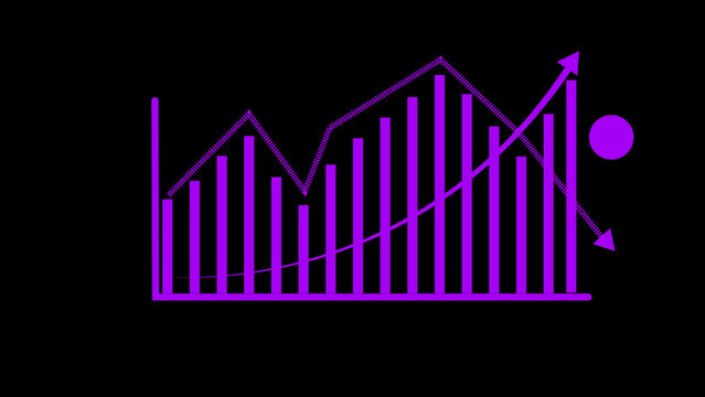 Purple neon bar chart showing financial growth and decline trends with an upward arrow and a circular data point on a black background, for business analysis, and digital data, visualization concepts