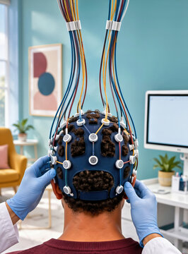 Medical professional wearing blue gloves adjusting EEG sensor cap on back of patient head in clinic. Concept of neuroscience, brain activity monitoring, or medical research.