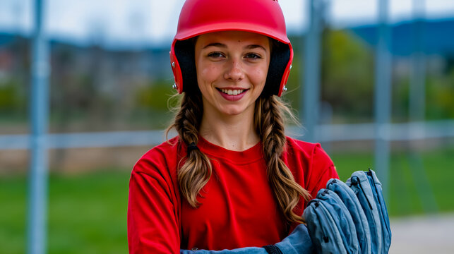 A young girl wearing a red helmet and holding a baseball glove