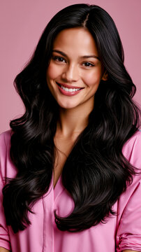 A woman with long black hair smiling at the camera