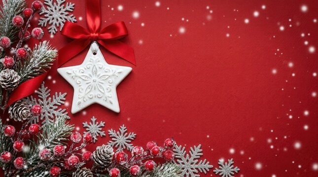 Red Christmas background with frosted star ornament