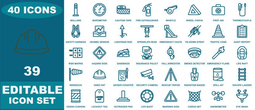 Workplace safety and industrial hazard icon set containing forty line of protective gear, emergency equipment, and site tools