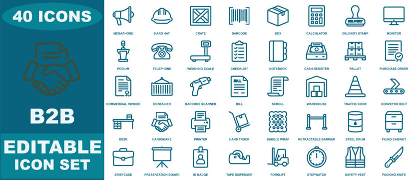 Comprehensive b2 b business icon set featuring forty editable outline symbols for logistics, warehouse management, and corporate operations