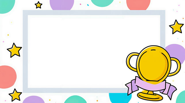 A colorful illustration of a trophy with a ribbon and a starry background