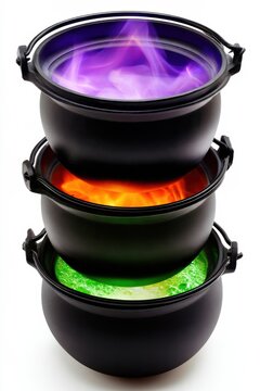 Three black cast iron cauldrons stacked vertically with purple, orange, and green glowing contents against a white background, isolated fantasy cookware arrangement