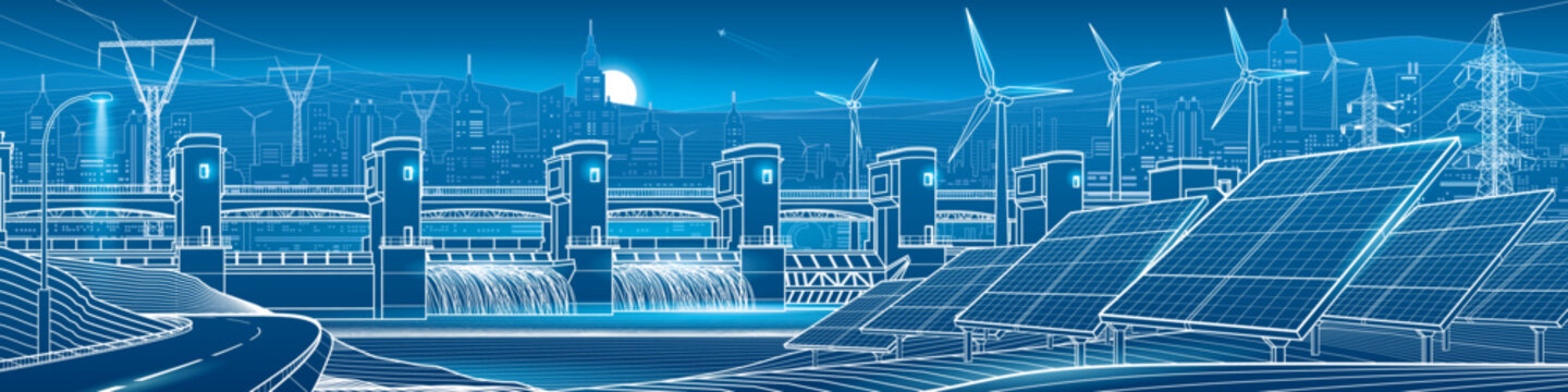 Futuristic renewable energy infrastructure panorama with hydroelectric dam, solar panels, wind turbines, power lines and modern city skyline. Clean energy and sustainable electricity generation