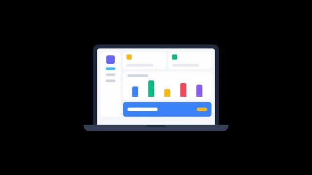 Laptop computer displaying financial data dashboard on transparent background. 4K Alpha Channel