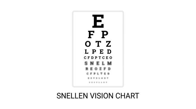 Very beautiful black and white realistic vector illustration of Snellen vision test charts with sharp and blurred letter rows, SNELLEN VISION CHART, clean flat outlines, no shading, no shadow, no grad