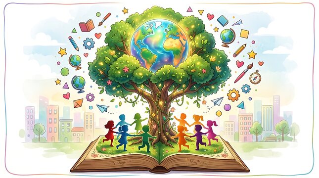 Happy children holding hands around a magical knowledge tree