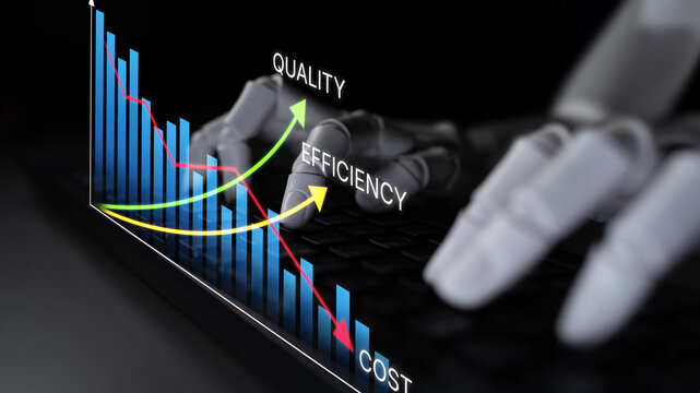 Analyzing Data with Robotic Hand Visualizing Quality Efficiency and Cost Metrics in Business Analytics and Automation Insights. Bitwise.