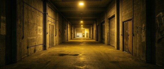 Fototapeta premium Dark Industrial Corridor with Yellow Light Concrete Walls and Doors