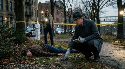 Detective examining crime scene with body police tape and investigators in urban park setting evening
